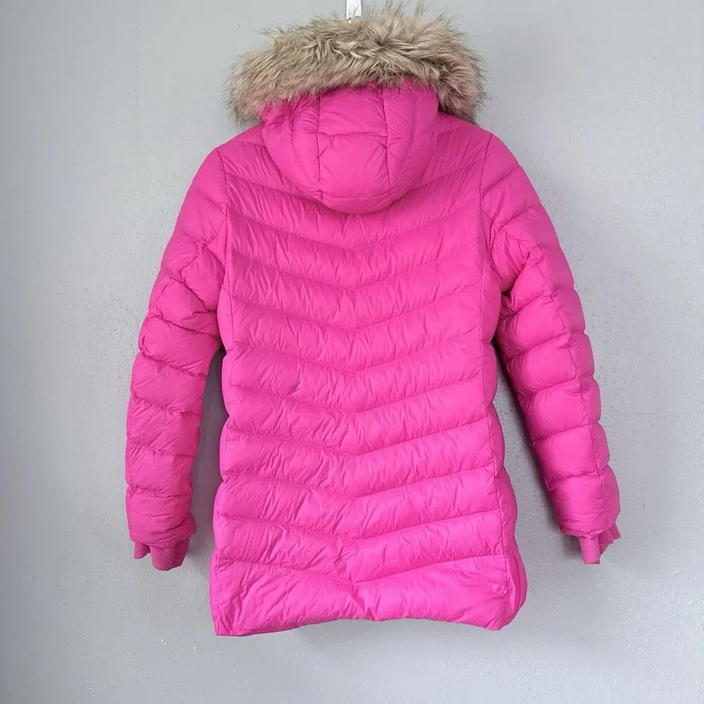 Eddie Bauer Down Parka Jacket Girls L (14) Pink Nylon Sherpa Lined Hooded